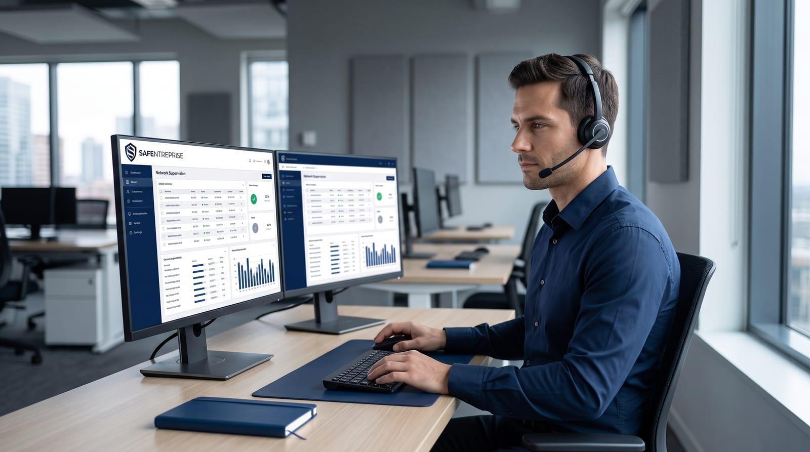 Un technicien au casque devant ses écrans, en assistance à un client.